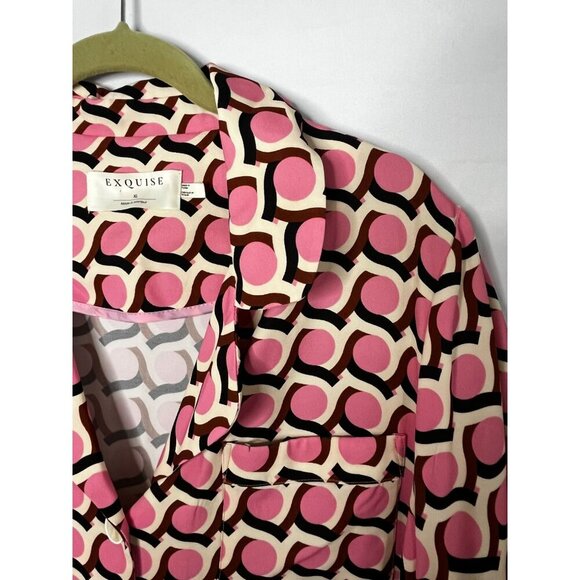 Exquise Retro Pattern Button-Up Collared Shirt Pink Black Geometric Design XL - Picture 7 of 11